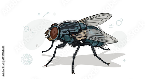 Detailed illustration of a common house fly showcases the anatomical features like wings and compound eyes for biological and educational use.