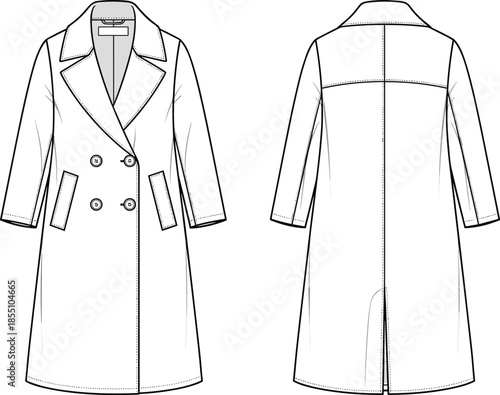 women long coat technical flat sketch, front back view, double breasted outerwear apparel design, fashion vector illustration