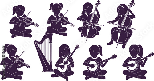 Silhouettes of musicians playing string instruments including violin, cello, harp, and mandolin in purple