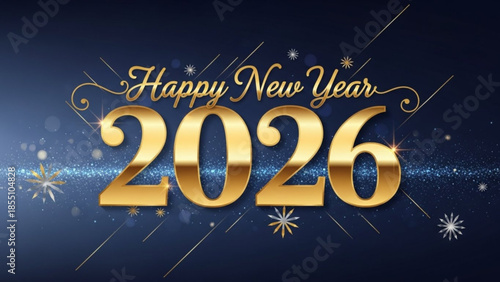 Happy new year 2026 gold text with sparkles on dark blue background
