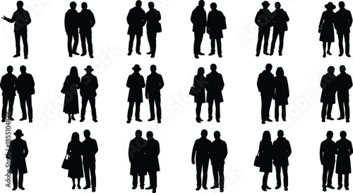 Silhouettes of people in formal attire standing and conversing in groups