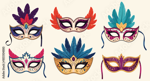 Selection of elegant masquerade masks decorated with feathers and intricate patterns is perfect for carnival, ball, and party invitation designs.
