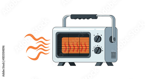 Compact electric space heater with glowing coils and heat waves represents home heating solutions and comfort during cold winter months.