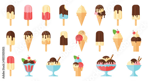 Delicious assortment of ice cream cones, popsicles, and sundaes in various flavors and toppings highlights sweet summer treats and desserts.