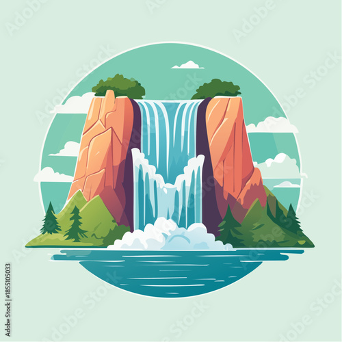 Stylized illustration of a waterfall cascading from a rocky cliff into a pool of water.