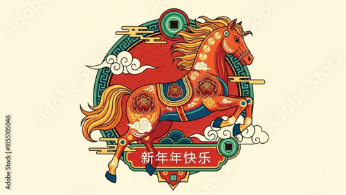 Vibrant red horse with golden mane and intricate designs, chinese new year symbol with clouds and ornate border