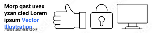 Online security, approval actions, data protection, digital trust, user feedback, internet safety. Thumbs-up gesture, padlock symbol and computer monitor icons. Online security and approval concepts