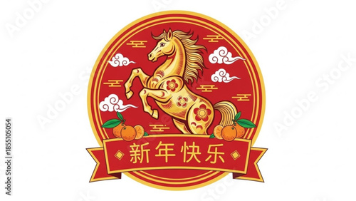 Golden horse in red circle with chinese new year elements and text