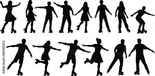 Silhouettes of people roller skating in various poses on a white background skates