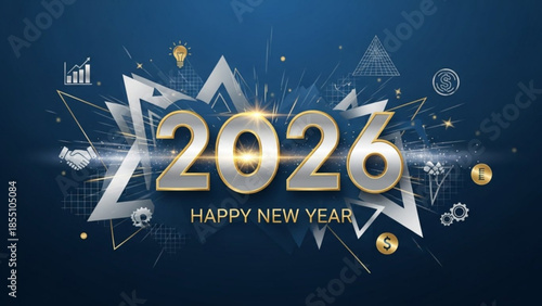 Happy new year 2026 celebration with shiny gold and silver graphics on dark blue background with business and finance icons