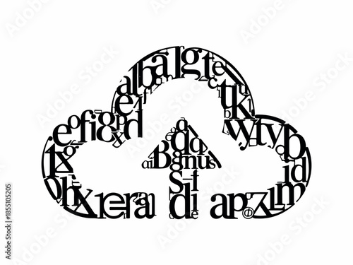 Abstract cloud upload icon silhouette composed of various letters, representing data transfer and cloud storage