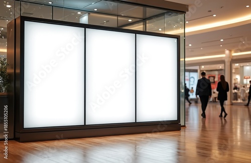 Blank triple screen display in a modern shopping mall interior. People walk past the empty advertising panels on a polished wood floor. Use this for commercial promotions and mockups.