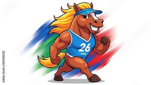 A cartoon brown horse wearing a blue visor and jersey with number twenty six on it, running in front of a colorful streaked background, symbolizing speed and energy