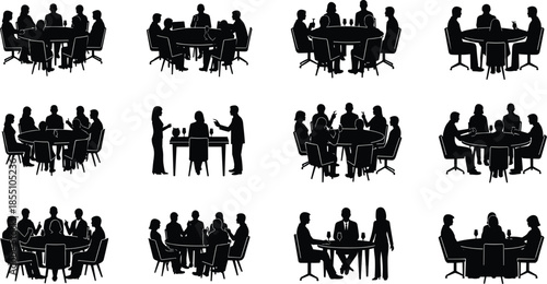 Silhouettes of people sitting around a round table in various meeting and discussion scenarios