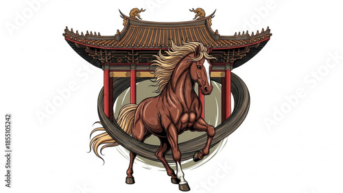 Brown horse with flowing mane and tail in front of traditional chinese building with ornate roof and red pillars dynamic pose on white background