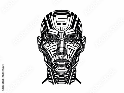 Geometric Portrait A striking monochrome illustration of a human face with intricate, labyrinthine patterns