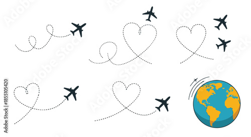 Airplane flight paths forming heart shapes across a dashed line trail and around the globe signify travel, love, and international connection.