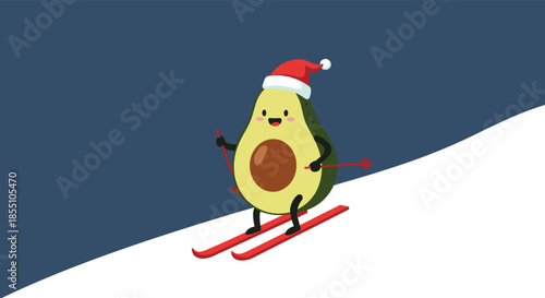 Funny cartoon avocado wearing a Santa hat and skiing down a snowy slope represents a creative and healthy twist on winter holiday activities.