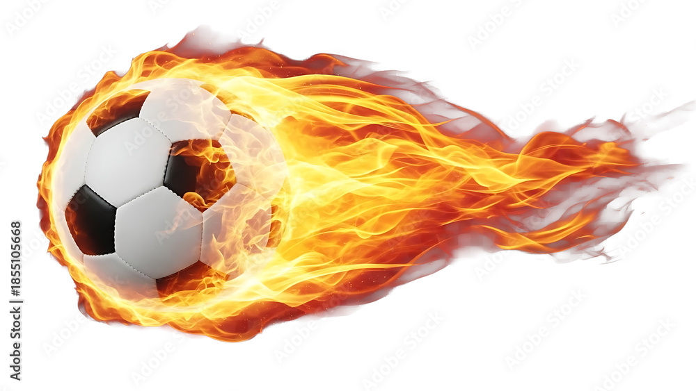 Fototapeta premium A soccer ball engulfed in flames, symbolizing power, speed and intensity