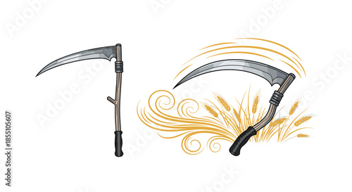 Scenery of harvesting wheat with traditional scythes highlights manual agricultural labor and the transition from growing to food production.