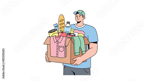 Community Support: A generous individual carries a box filled with provisions, symbolizing compassion and solidarity. Embracing the spirit of unity and kindness.