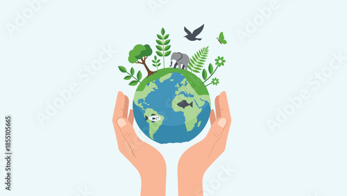 Earth in Safe Hands: A metaphorical representation of safeguarding our planet, with hands gently cradling a miniature Earth adorned with vibrant flora and fauna.