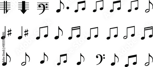 Collection of black music notes silhouettes including treble clef bass clef staff lines and eighth notes for musical composition and education