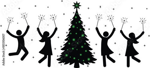 Children celebrating Christmas around decorated tree silhouette illustration with sparklers black green white vector festive holiday design