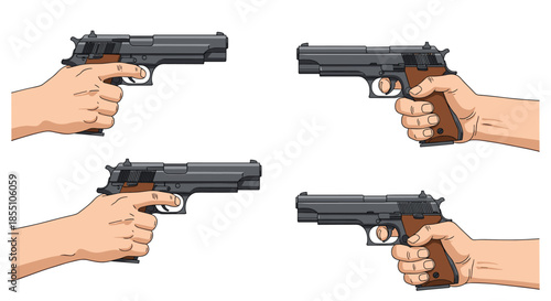 Different hands holding handguns in various firing and grip positions are shown to represent firearm safety training or action movie scenes.
