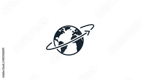 Global travel and transportation icon with earth and arrow.