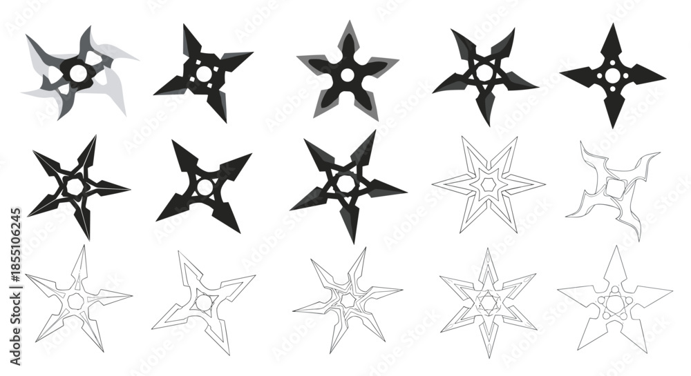 Obraz premium Collection of various ninja shuriken stars in different blade counts and styles including solid silhouettes and outlined versions.