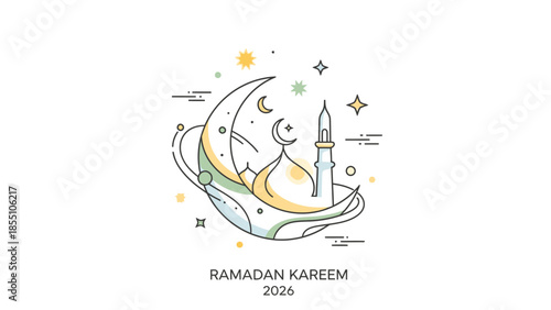 Ramadan Kareem crescent moon mosque and minaret illustration.