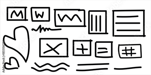 A collection of hand drawn symbols and mathematical notation marks