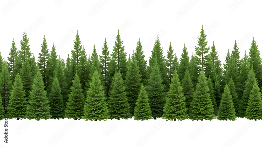 Fototapeta premium Dense row of evergreen trees on white background