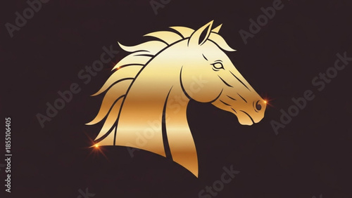 Golden horse head with flowing mane on black background, elegant animal illustration with shiny effect