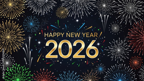 Happy new year 2026 celebration with colorful fireworks exploding in night sky with confetti