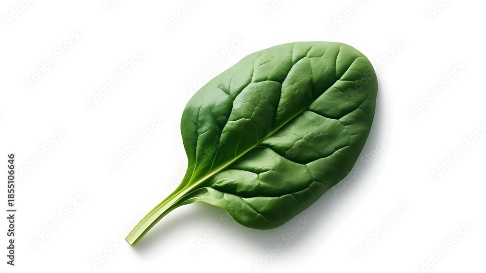 Fototapeta premium Vivid, single spinach leaf, vibrant green with textured surface, isolated on white background, showing stem, with subtle shadow