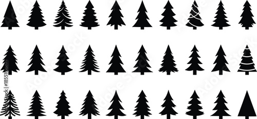 Christmas tree silhouette illustration mega set with assorted pine fir styles black white vector icons isolated holiday design