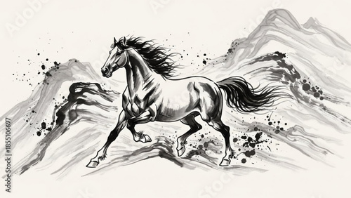 A powerful black and white horse runs freely in a mountainous landscape with splashes of ink, symbolizing strength and freedom in a dynamic, artistic illustration