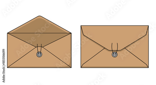 Pair of traditional brown kraft paper envelopes with a string and washer closure mechanism are shown in both open and closed views.