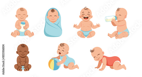 Collection of adorable baby characters shows infants in various stages and poses such as crawling, drinking from a bottle, and playing.