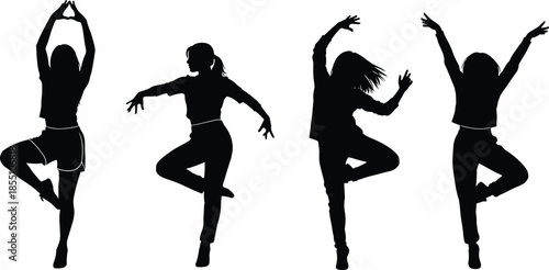 Female dance silhouette collection showing expressive contemporary movement balance energy isolated on white background for modern dance performance fitness design concepts