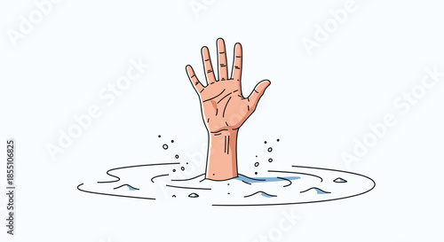 Human hand reaching out for help as it sinks below the surface of blue water represents an emergency or life saving situation.