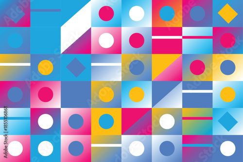 Vibrant geometric pattern with colorful shapes and squares
