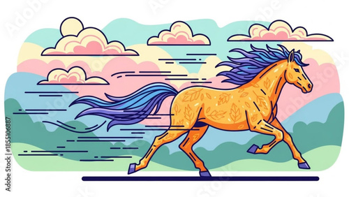 Vibrant orange horse with blue mane and tail running fast in a stylized landscape with colorful clouds and green hills