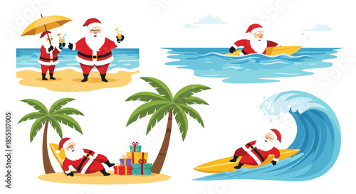 Set of holiday illustrations shows Santa Claus enjoying various summer activities like surfing, sunbathing, and relaxing on a beach.