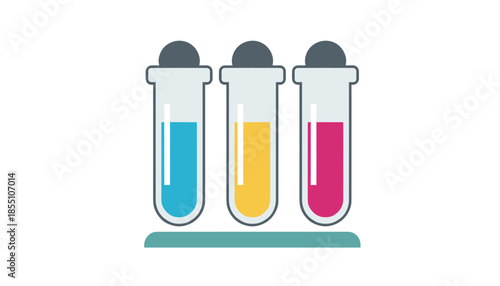 Three laboratory test tubes with colorful liquids on stand isolated on white background flat vector illustration concept of laboratory testing