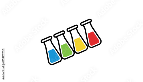 Slanted laboratory flasks with bright colorful solutions isolated on white background flat icon concept of chemical experiment
