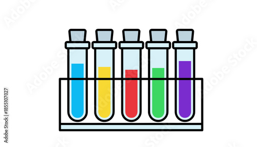 Rack with laboratory test tubes filled with multicolor liquids isolated on white background flat vector concept of scientific research