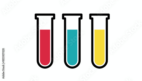 Three test tubes with red blue and yellow liquids isolated on white background flat illustration concept of chemistry